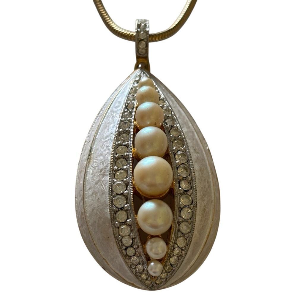 Rhinestone Faux Pearl Teardrop Pendant Necklace Gold Tone Statement Jewelry Veg